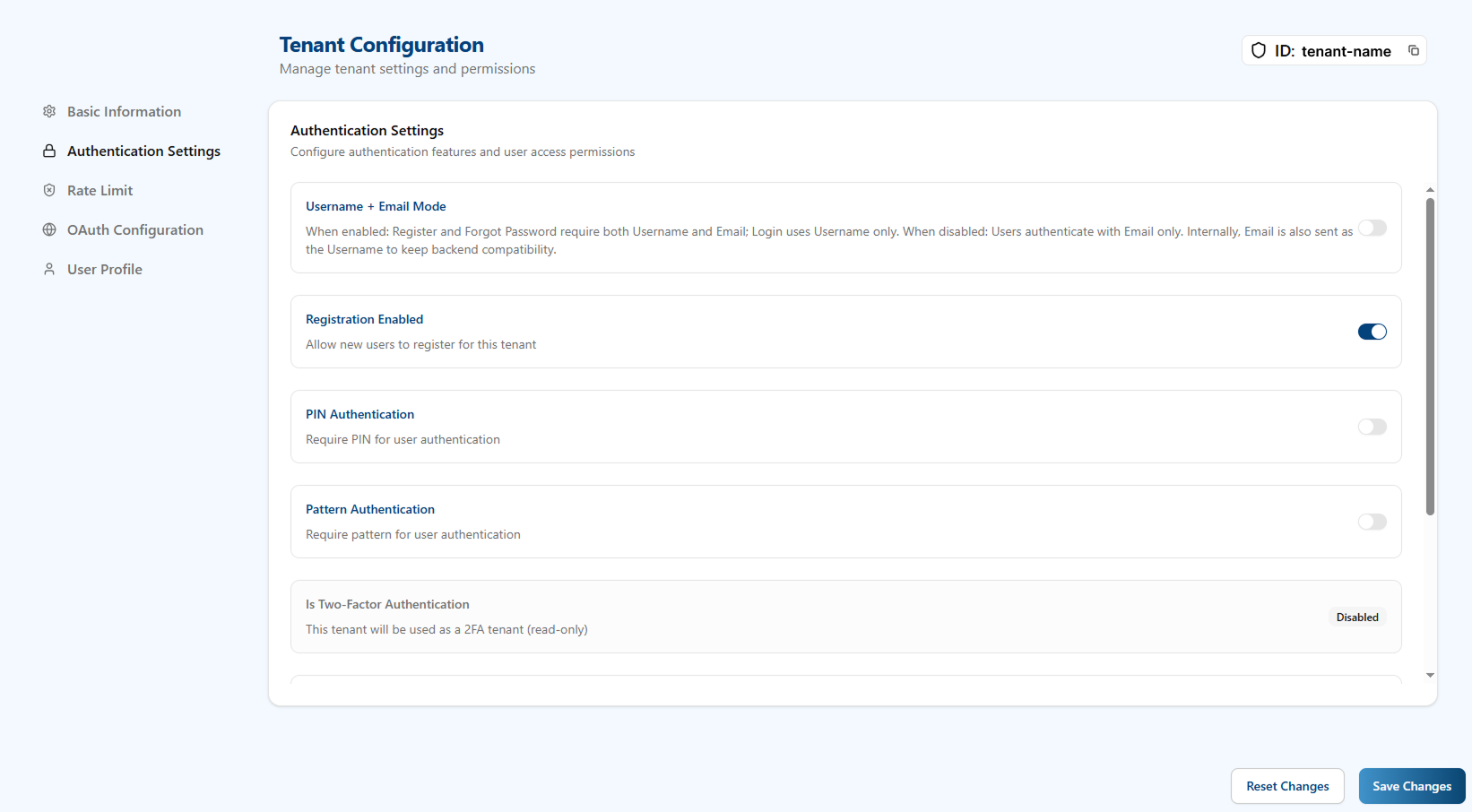 Tenant Configuration Authentication Settings