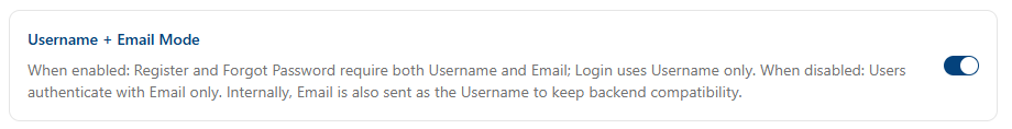Tenant Configuration Authentication Settings - Username + Email Mode