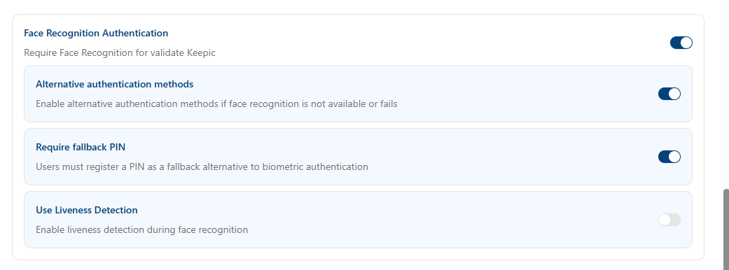 Tenant Configuration Authentication Settings - Face Recognition
