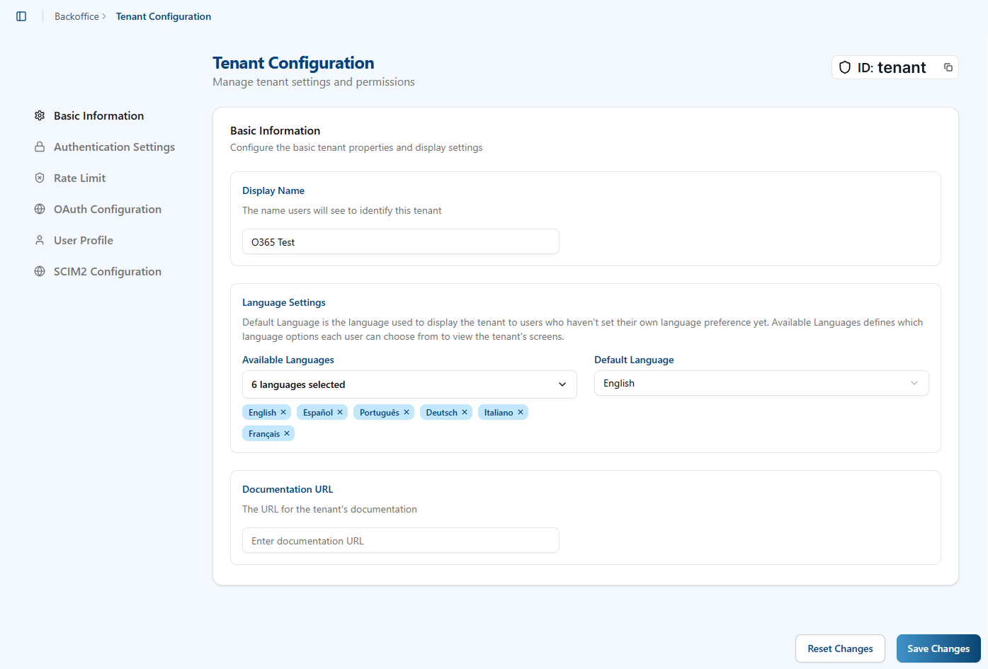 Tenant Configuration Basic Info