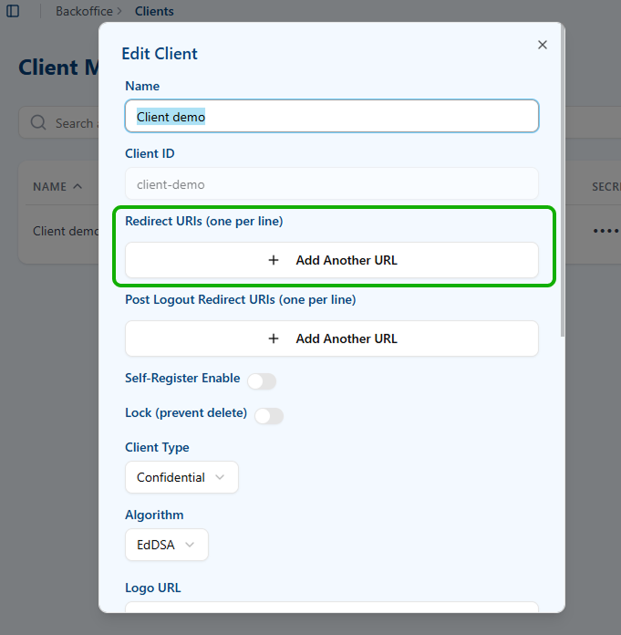Paste Redirect URI in BO